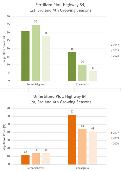 perennial grasses were 28% cover in the fertilized plot and 14% cover in the unfertilized plot